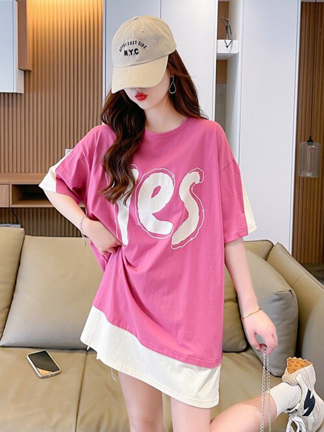 

BoStreet Typography Print Pure Cotton T-Shirt Dress, Pink