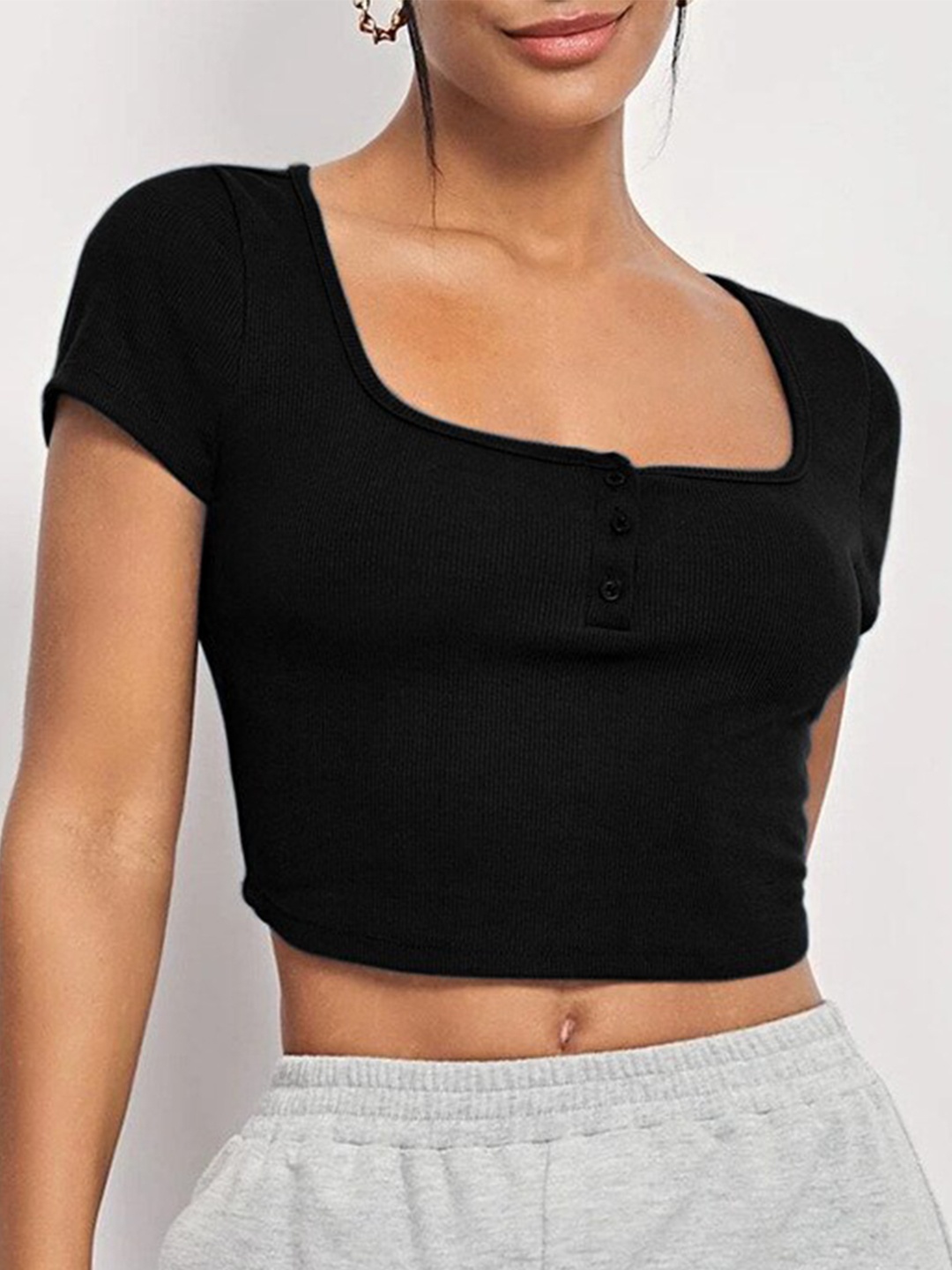 

StyleCast Square Neck Ribbed Fitted Crop Top, Black