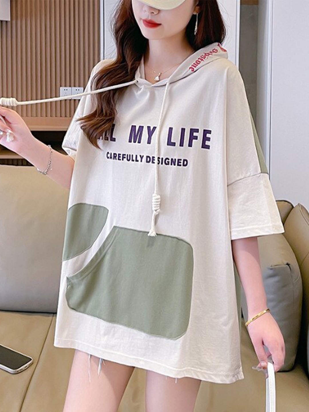 

BoStreet Green Typography Printed Hooded Drop-Shoulder Pure Cotton Oversized Fit T-Shirt