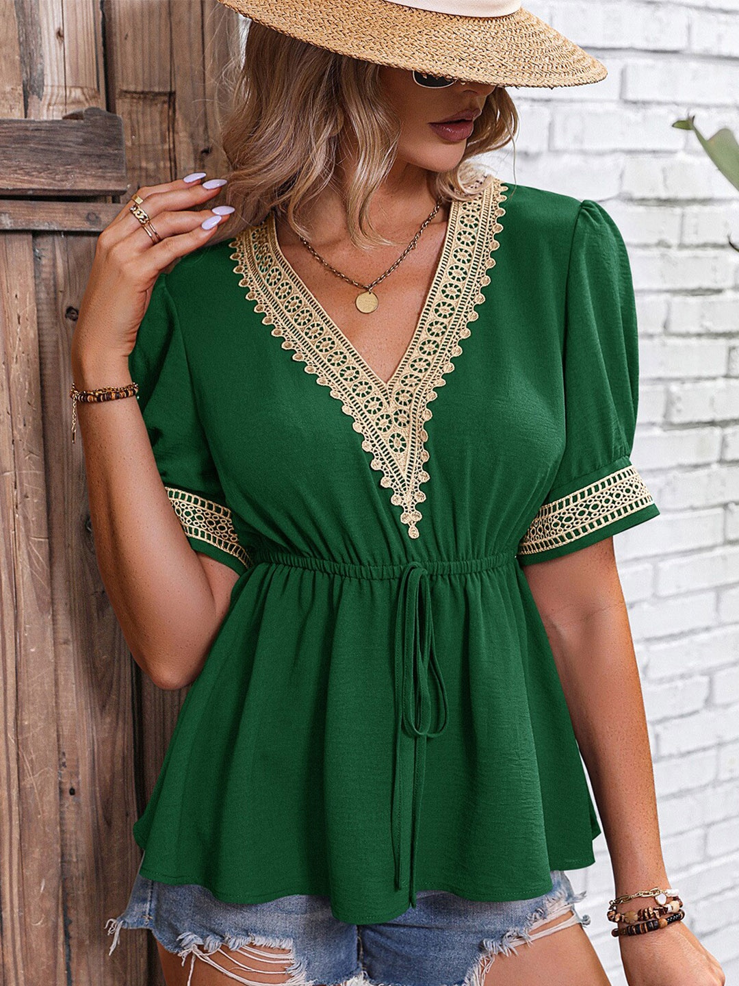 

BoStreet Green Puff Sleeves Regular Top