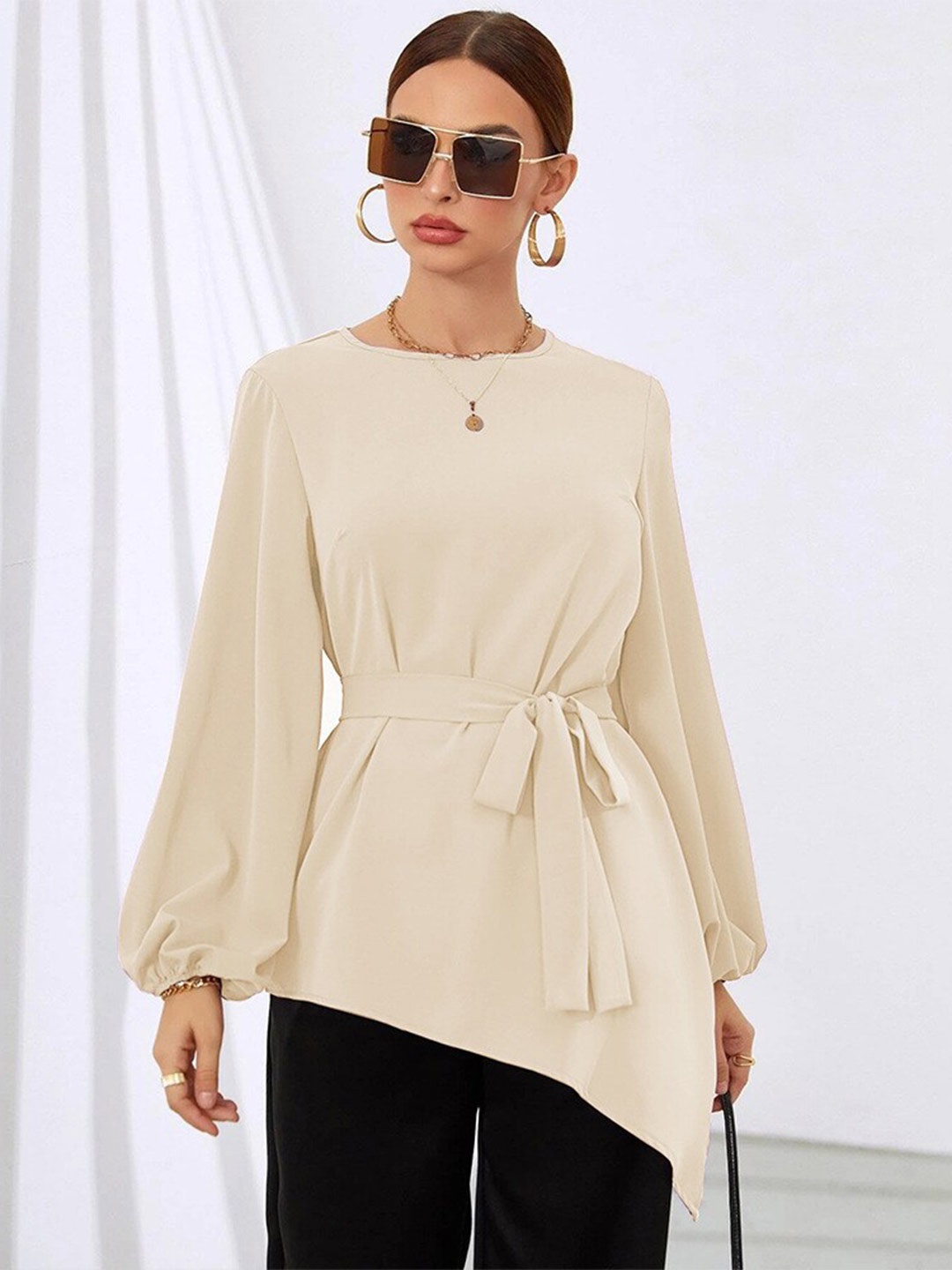 

StyleCast Beige Round Neck Puff Sleeve Longline Regular Top