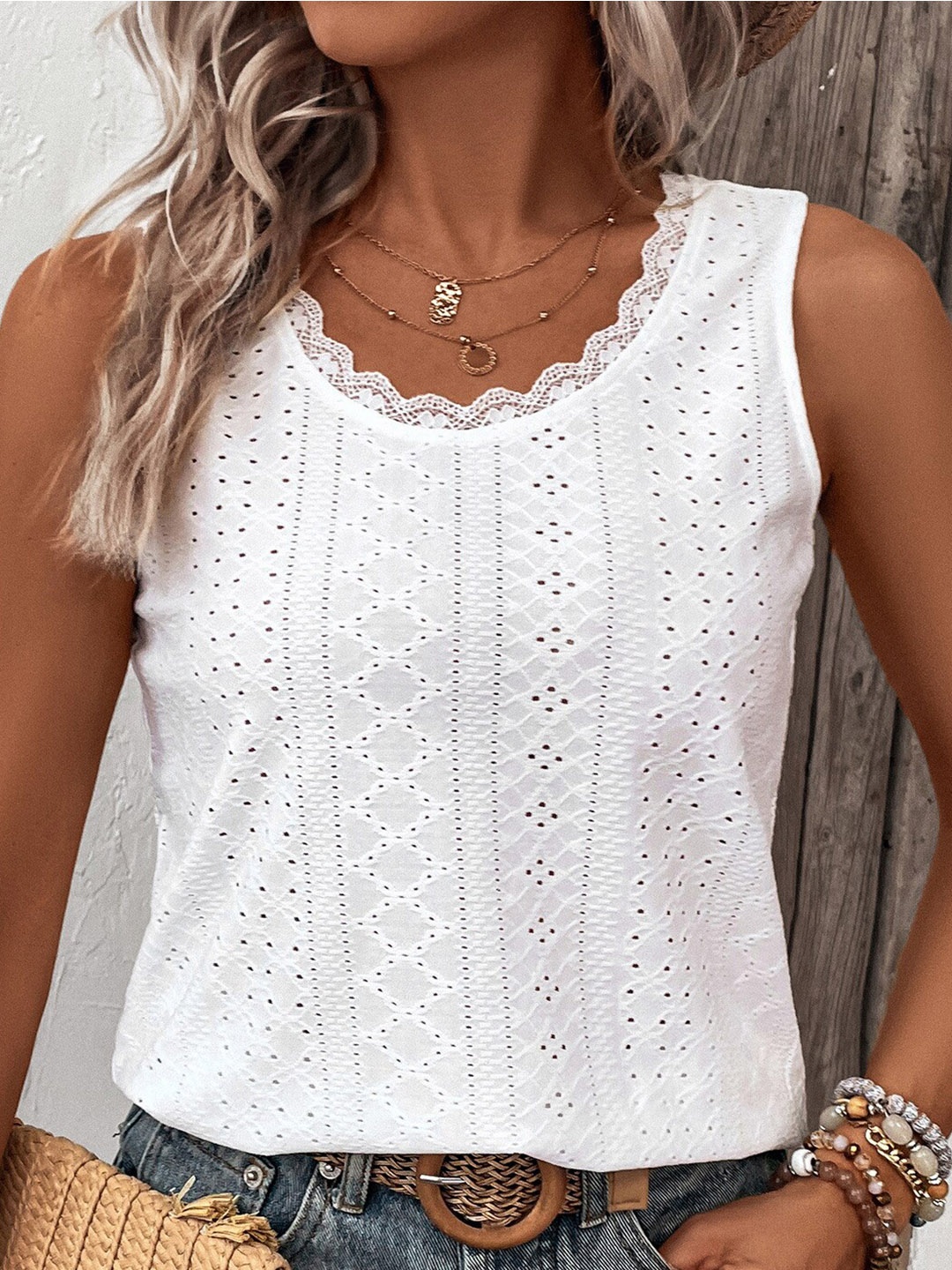 

BoStreet White Self Design Sleeveless Top