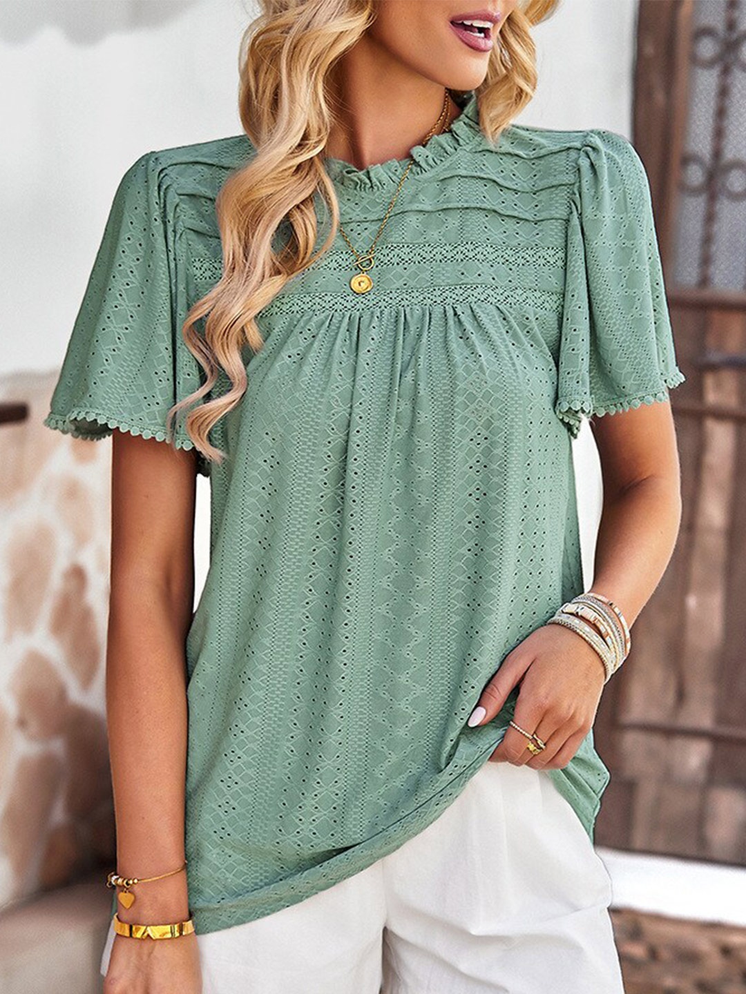 

BoStreet Green High Neck Flared Sleeves Regular Top