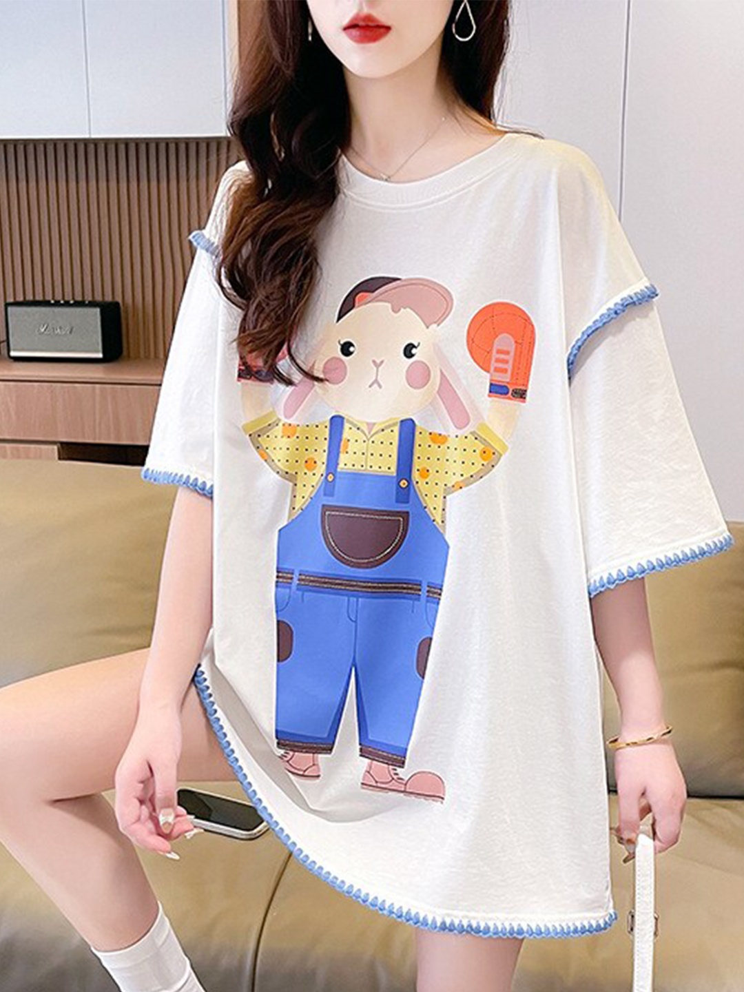 

StyleCast White & Blue Graphic Printed Drop Shoulder Sleeves Cotton T-Shirt Dress