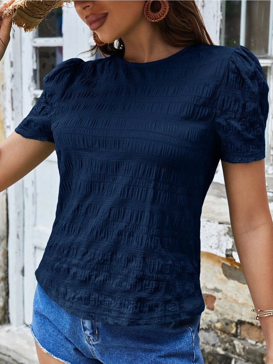 

StyleCast Navy Blue Self Design Regular Top