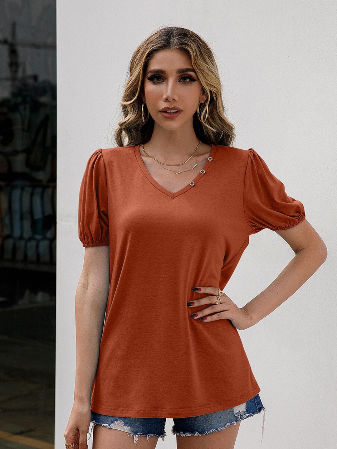 

StyleCast Orange Puff Sleeves Regular Top