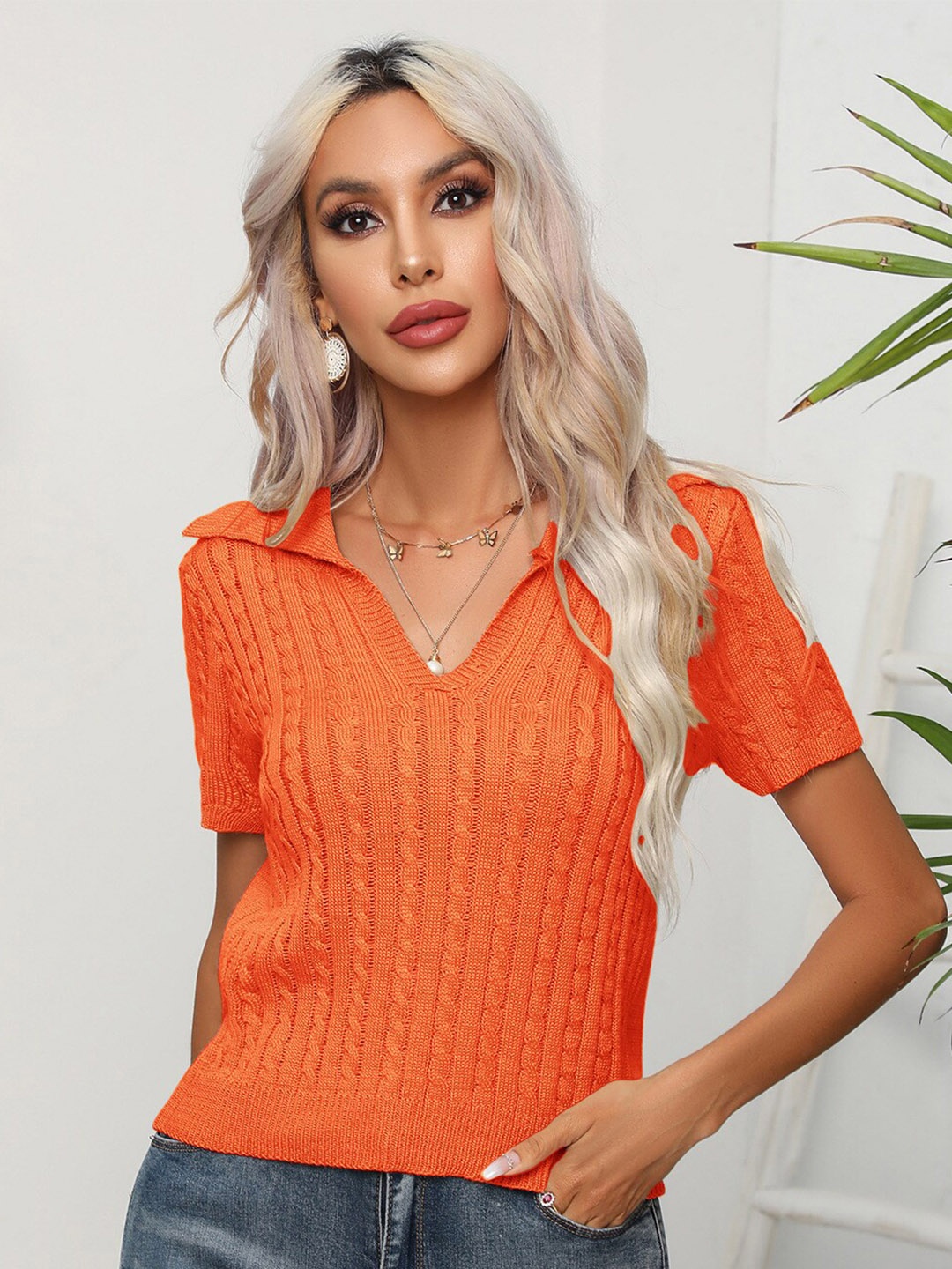 

BoStreet Orange Shirt Collar Slef Design Crop Top