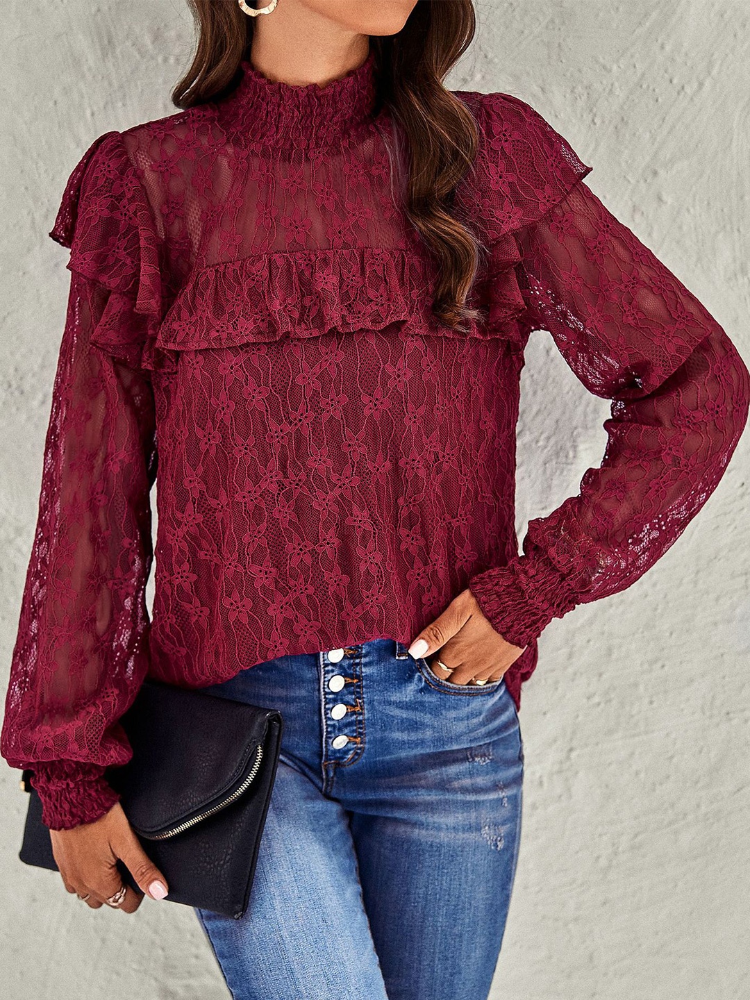 

BoStreet Floral Self Design Ruffles Sheer Top, Maroon