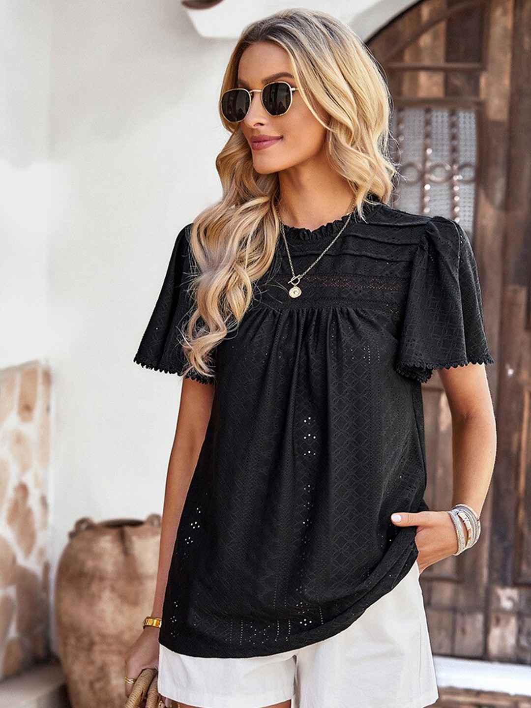 

BoStreet Black Geometric Self Design Flared Sleeve Top