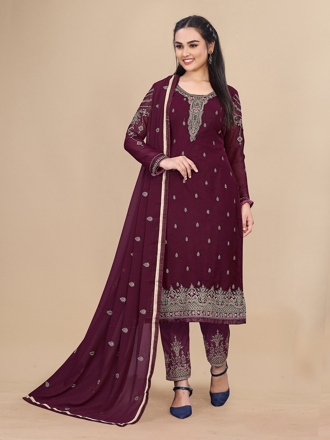 

UNITED LIBERTY Ethnic Motif Embroidered Semi-Stitched Dress Material, Purple