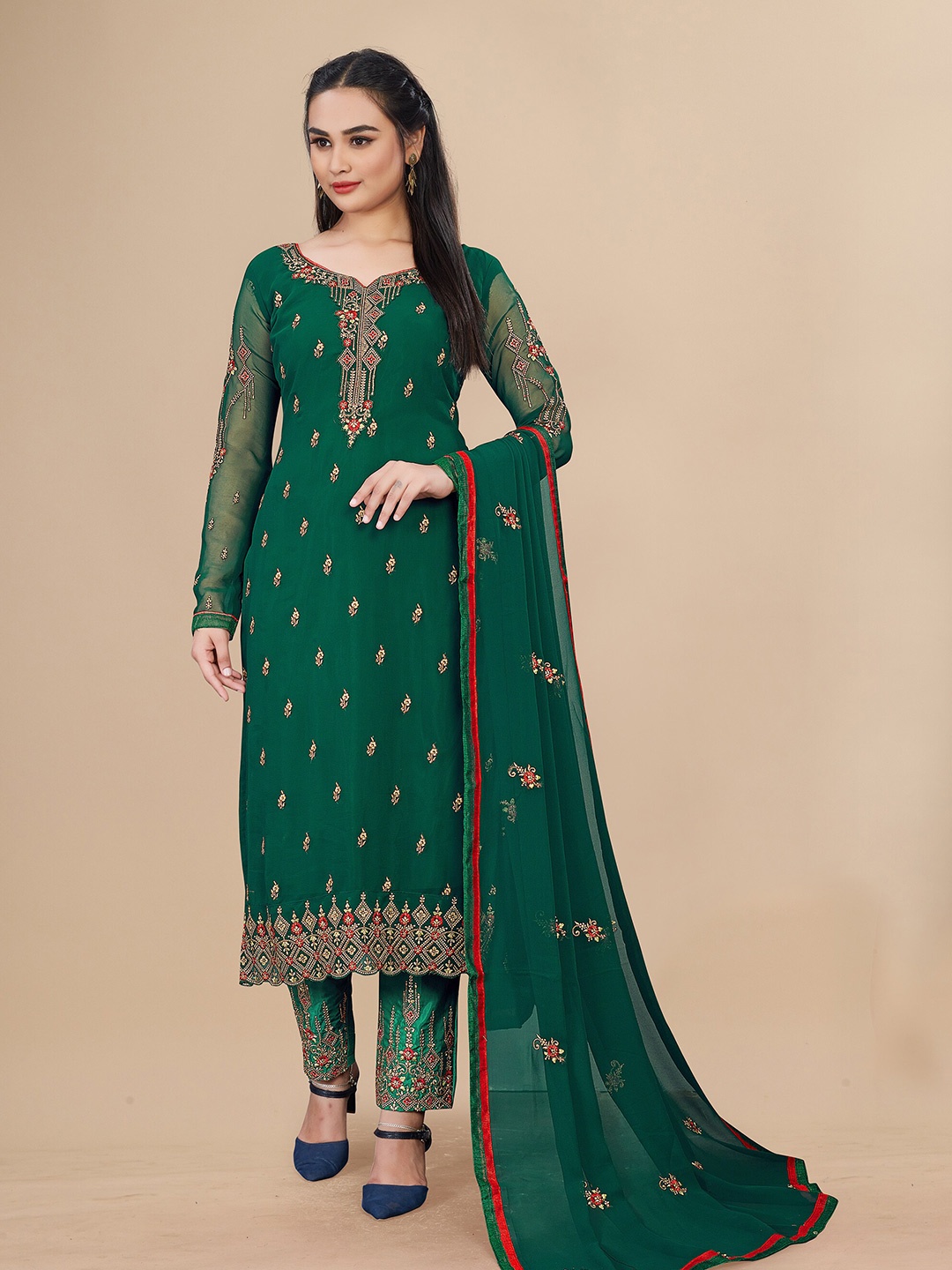 

UNITED LIBERTY Floral Embroidered Semi-Stitched Dress Material, Green