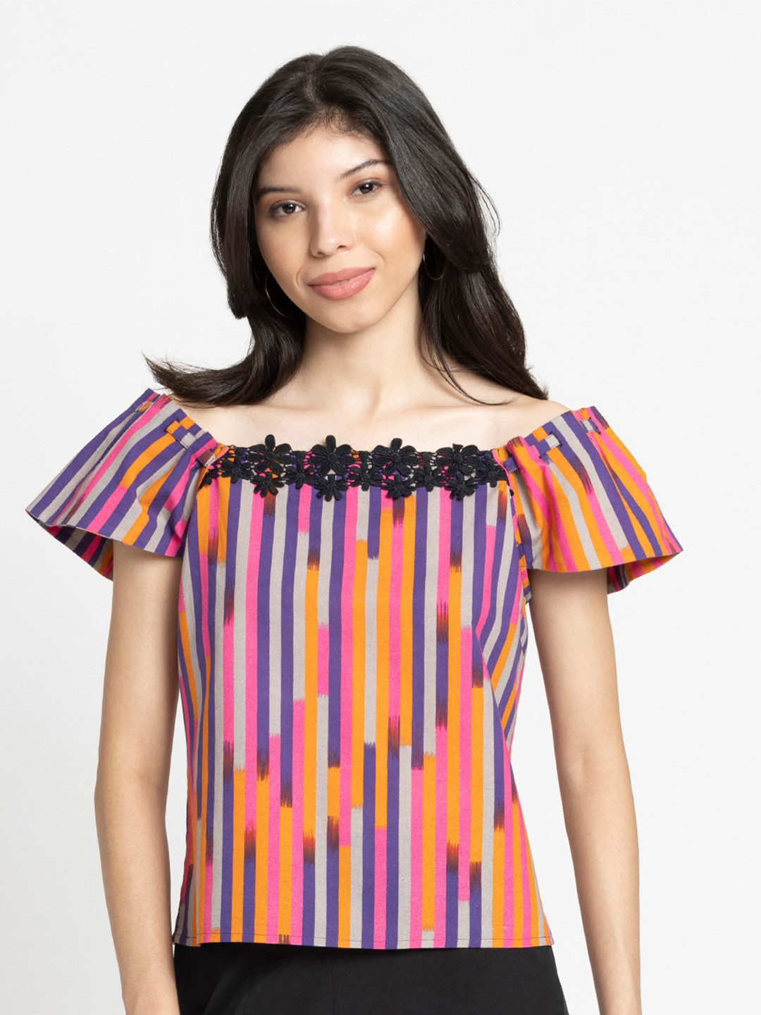 

SHAYE Striped Off-Shoulder Lace-Up Pure Cotton Bardot Top, Purple