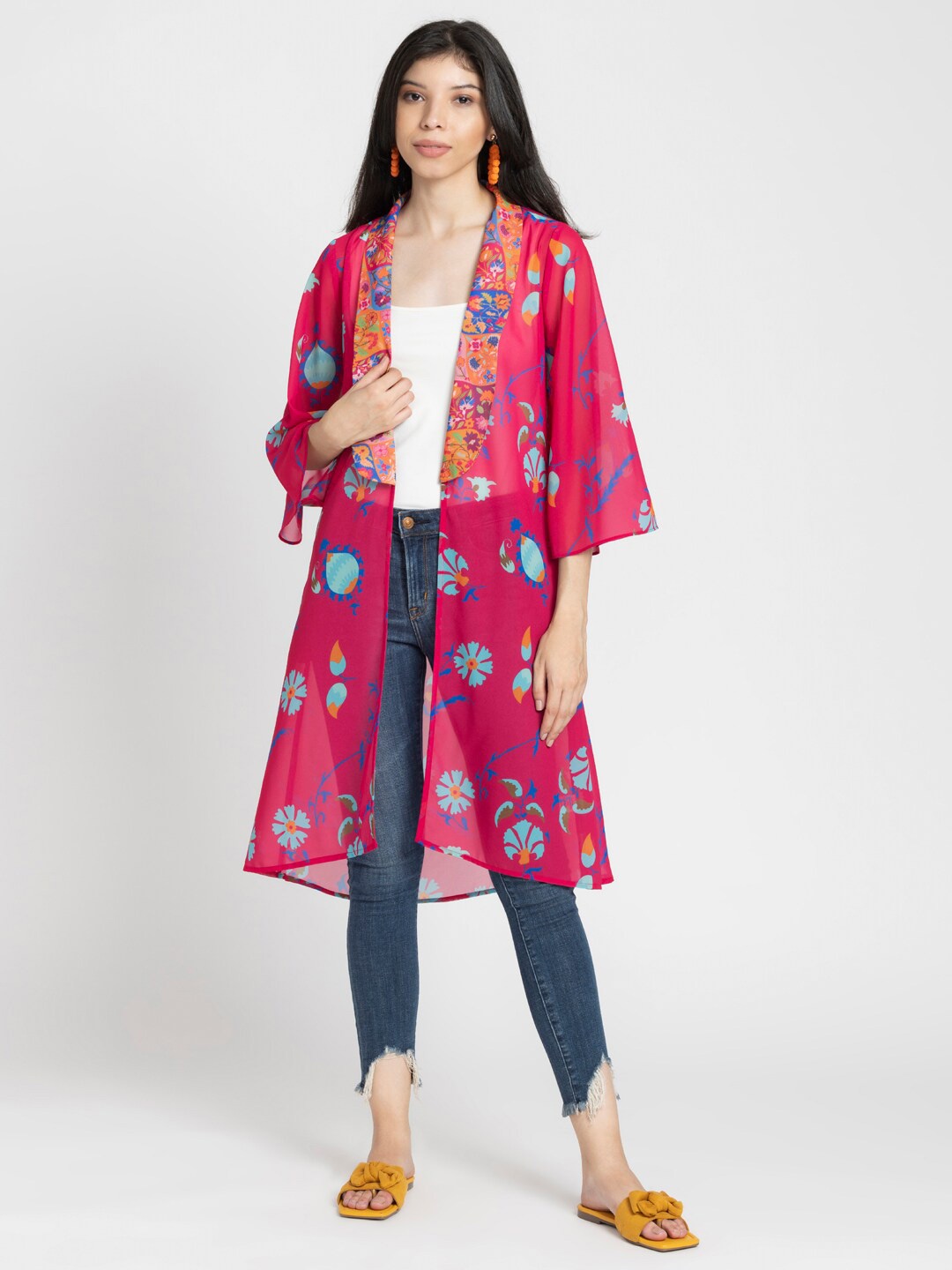 

SHAYE Floral Printed Longline Open Front Shrug, Fuchsia
