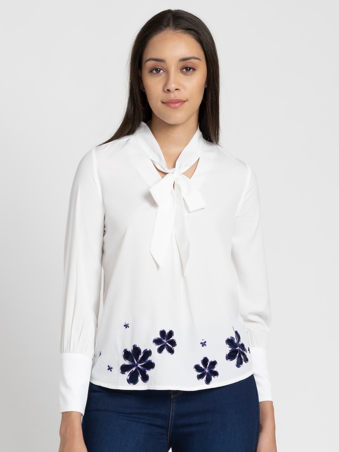

SHAYE Tie-Up Neck Cuffed Sleeves Crepe Top, White