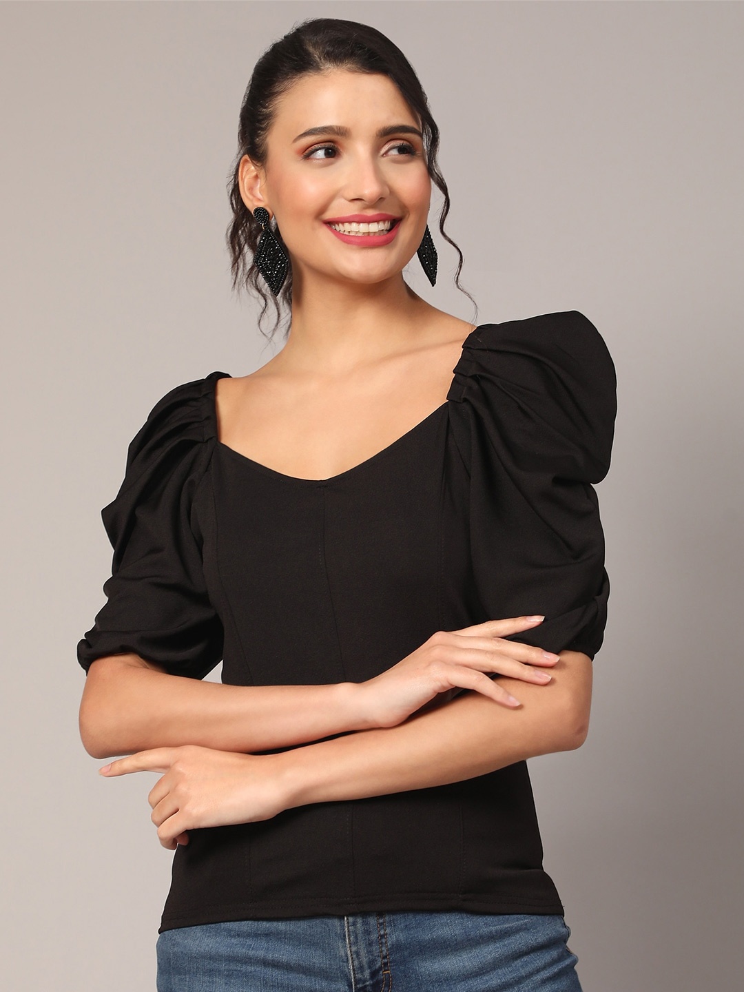 

Paramparik Textile Sweetheart Neck Puff Sleeves Top, Black