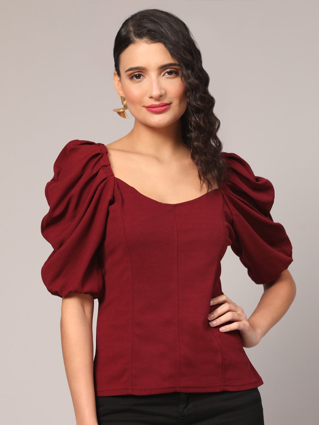 

Paramparik Textile Sweetheart Neck Puff Sleeves Top, Maroon