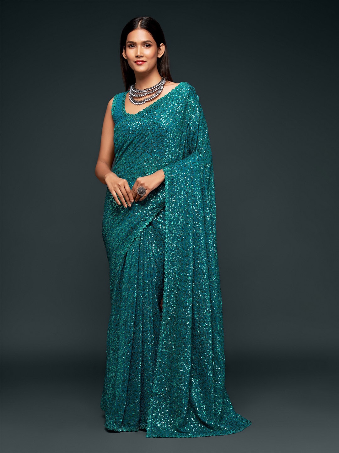 

Trendmalls Sequinned Poly Georgette Saree, Sea green