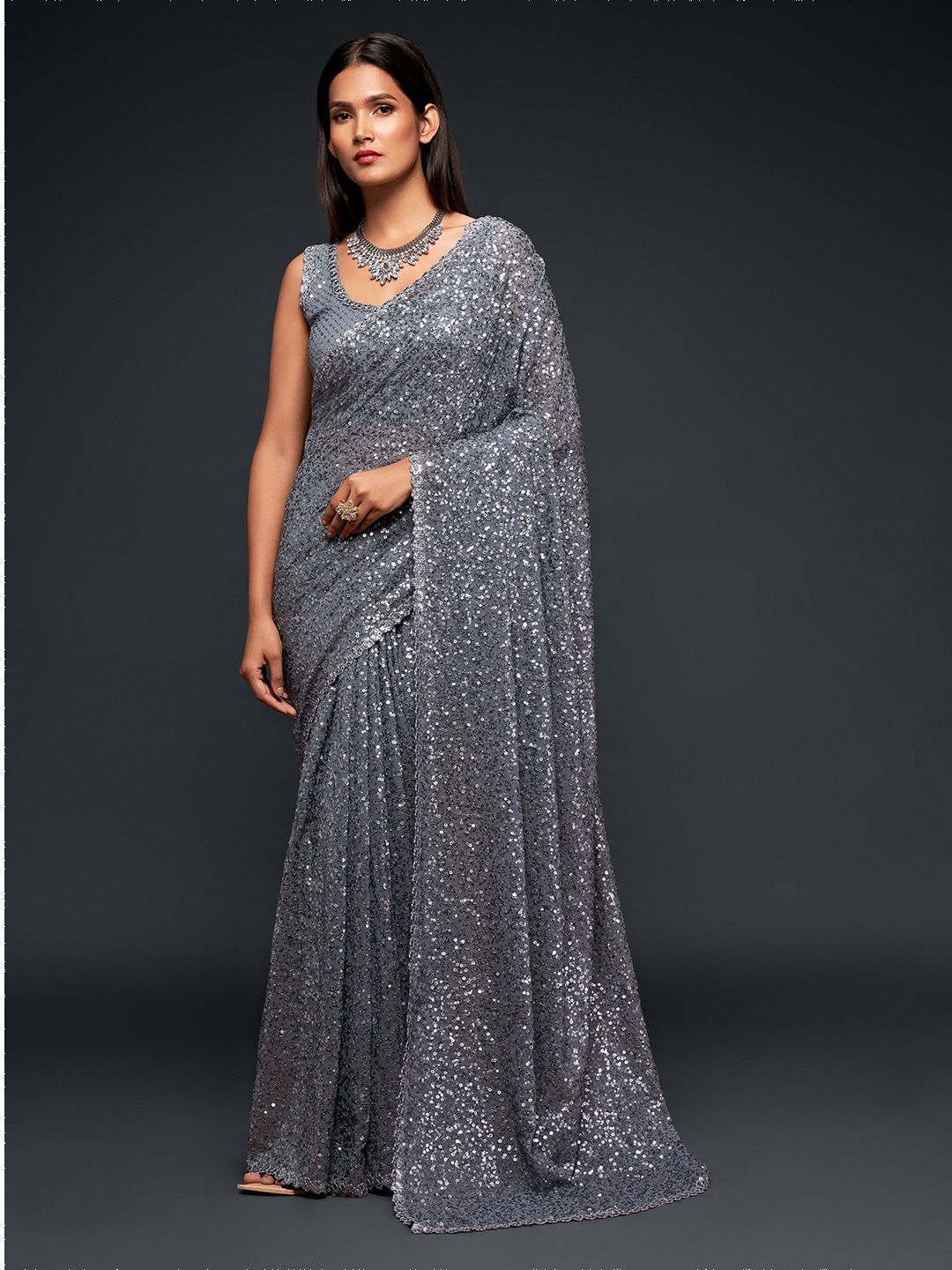 

Trendmalls Sequinned Poly Georgette Saree, Grey