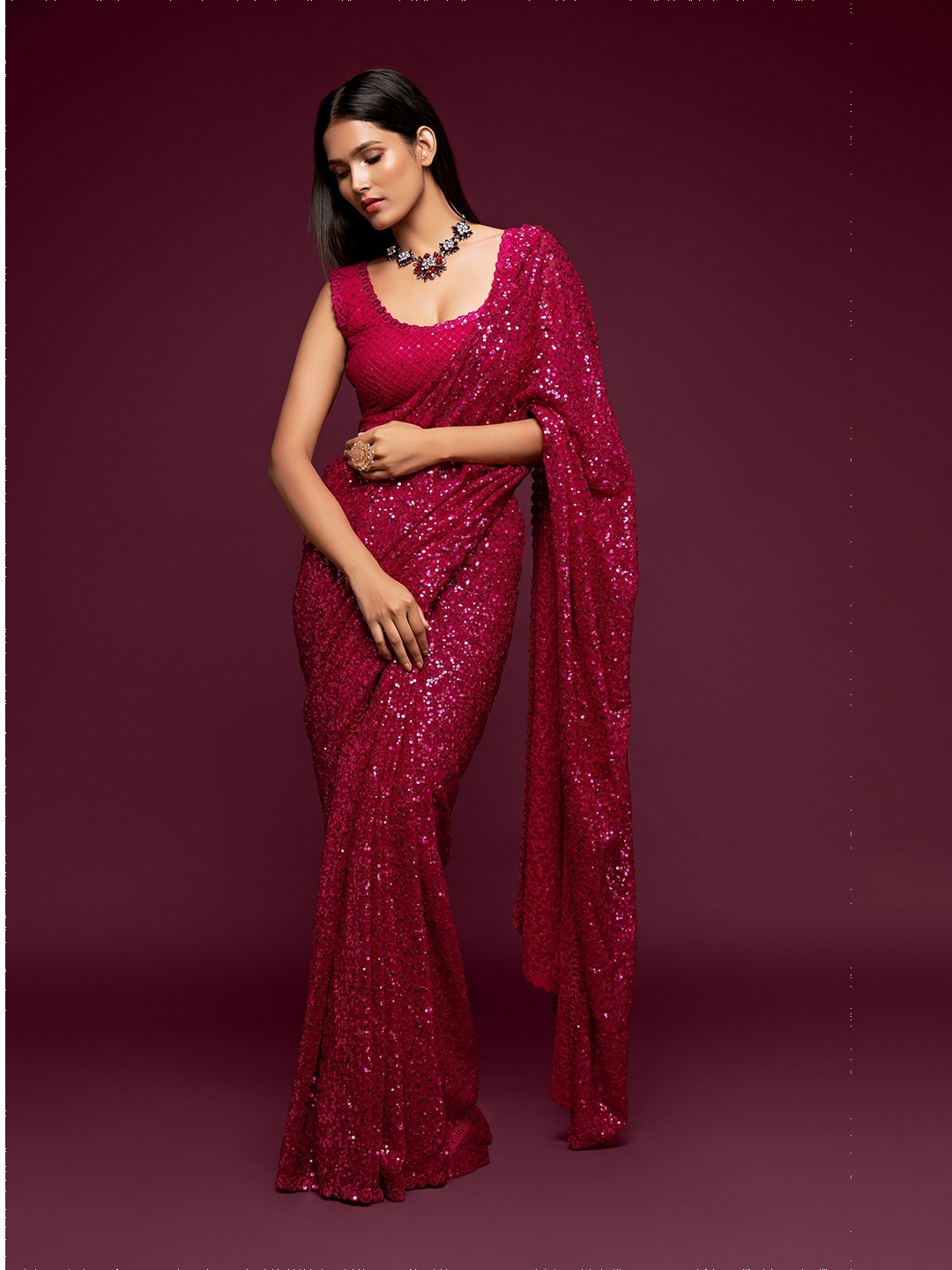 

Trendmalls Sequinned Poly Georgette Saree, Pink