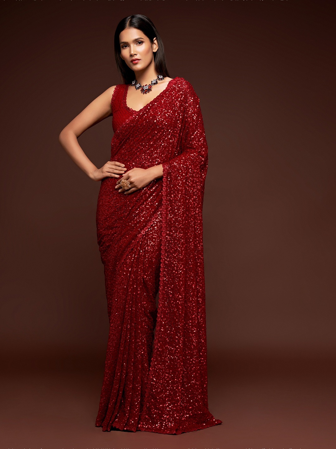 

Trendmalls Sequinned Poly Georgette Saree, Red