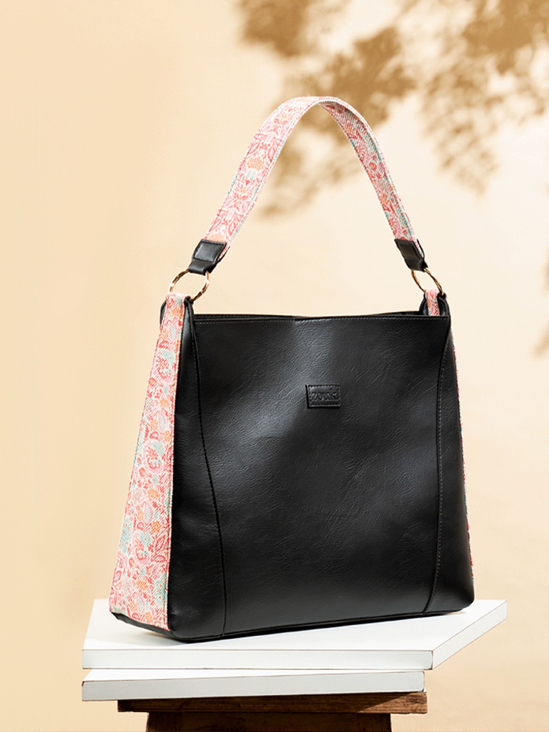 

ZOUK Black Floral Printed Vegan Leather Bucket Tote Bag