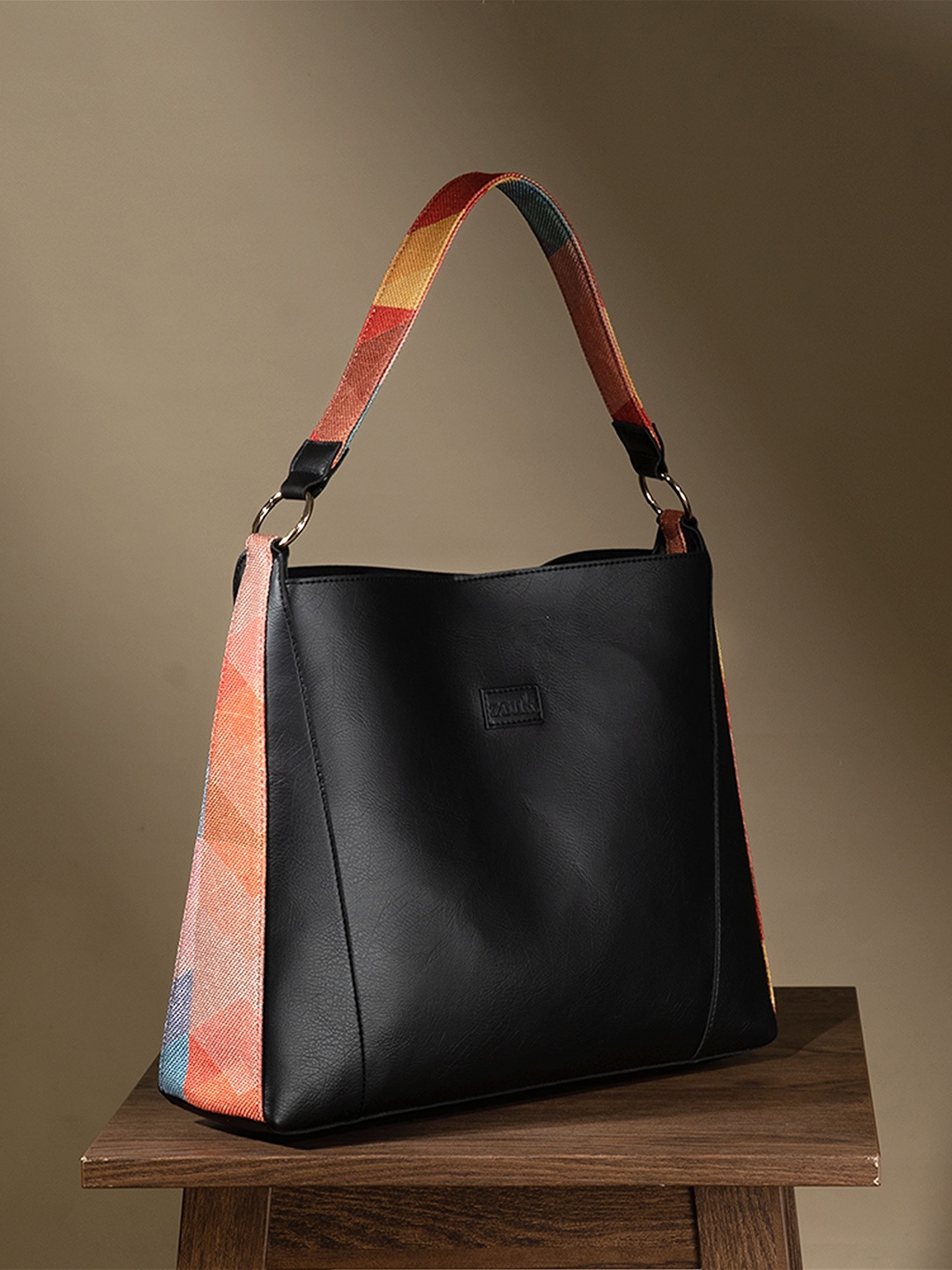 

ZOUK Black Geometric Printed Vegan Leather Bucket Tote Bag