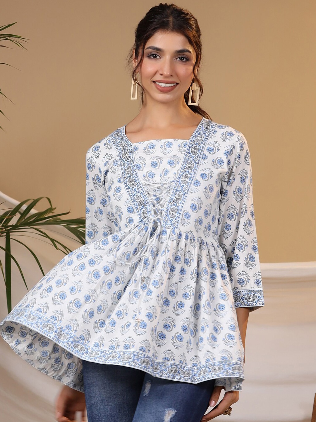 

Rain & Rainbow Floral Printed Square Neck Pure Cotton A-Line Top, White