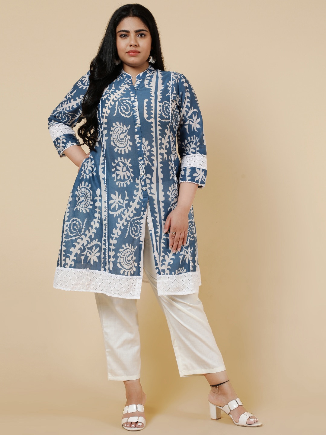 

Be Indi Women Mandarin Collar Ethnic Motifs A-Line Front Slit Regular Kurta, Blue