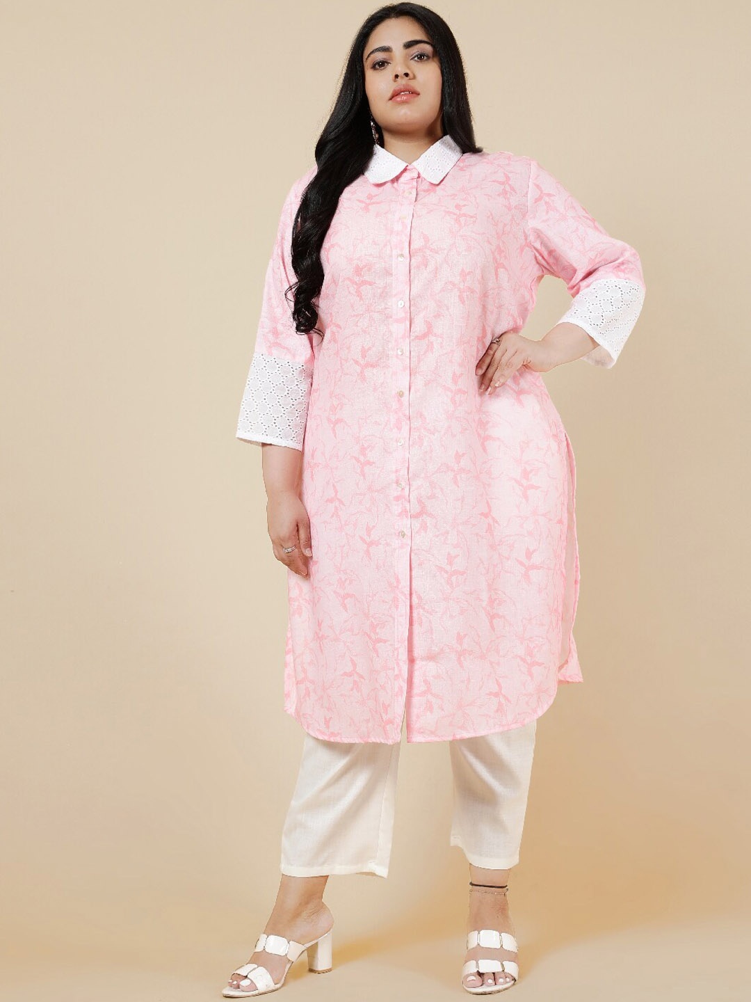 

Be Indi Women Collared Floral Straight Linen Multiple Slits Regular Kurta, Pink