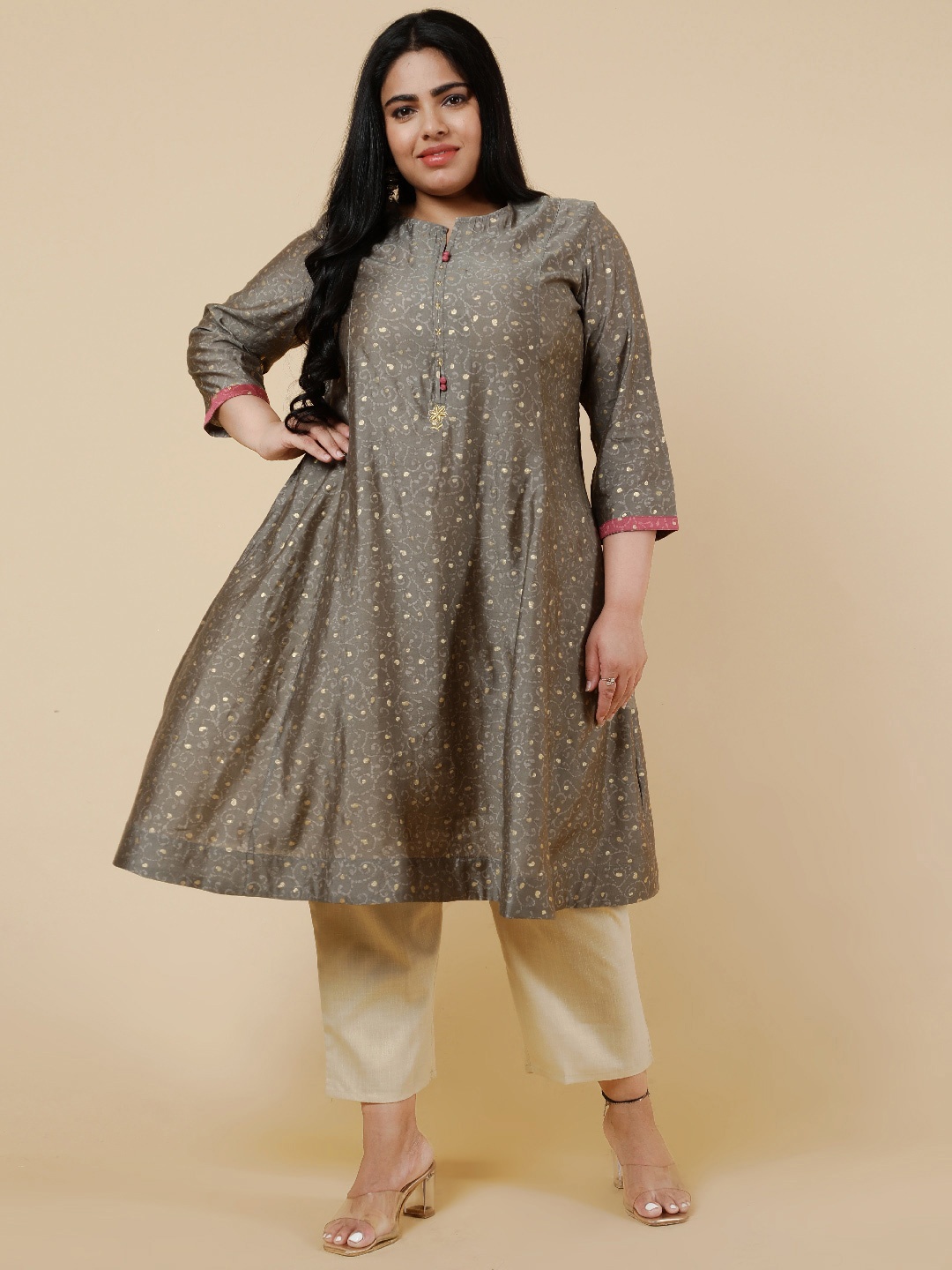 

Be Indi Women Round Neck Ethnic Motifs Anarkali Silk Regular Kurta, Grey