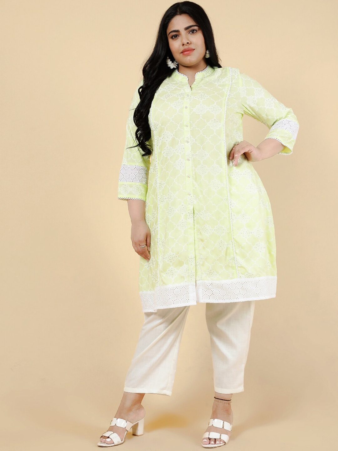 

Be Indi Women Mandarin Collar Geometric A-Line Front Slit Regular Kurta, Lime green