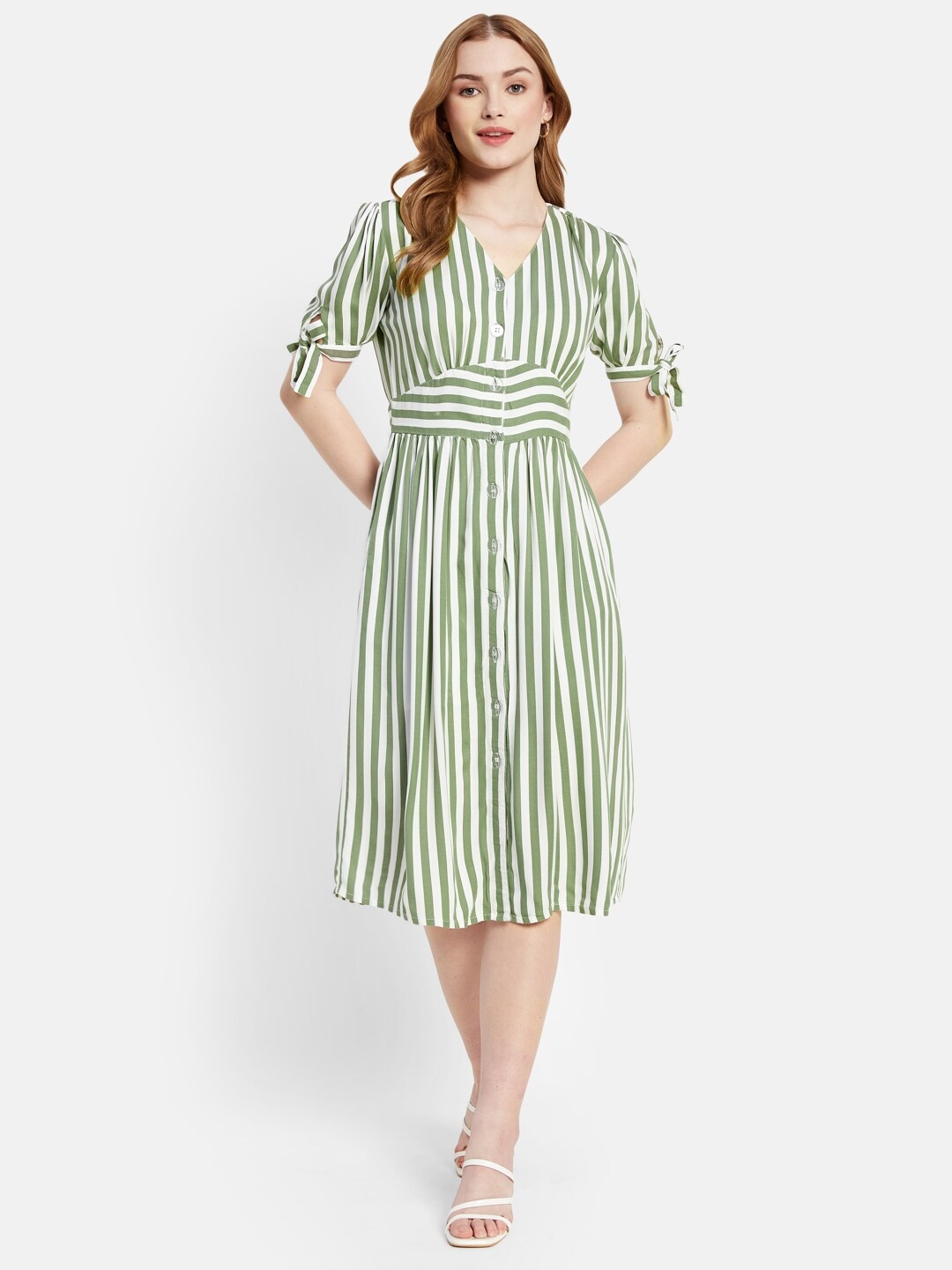 

METTLE Striped V-Neck Puff Sleeves Cotton A-Line Dress, Olive