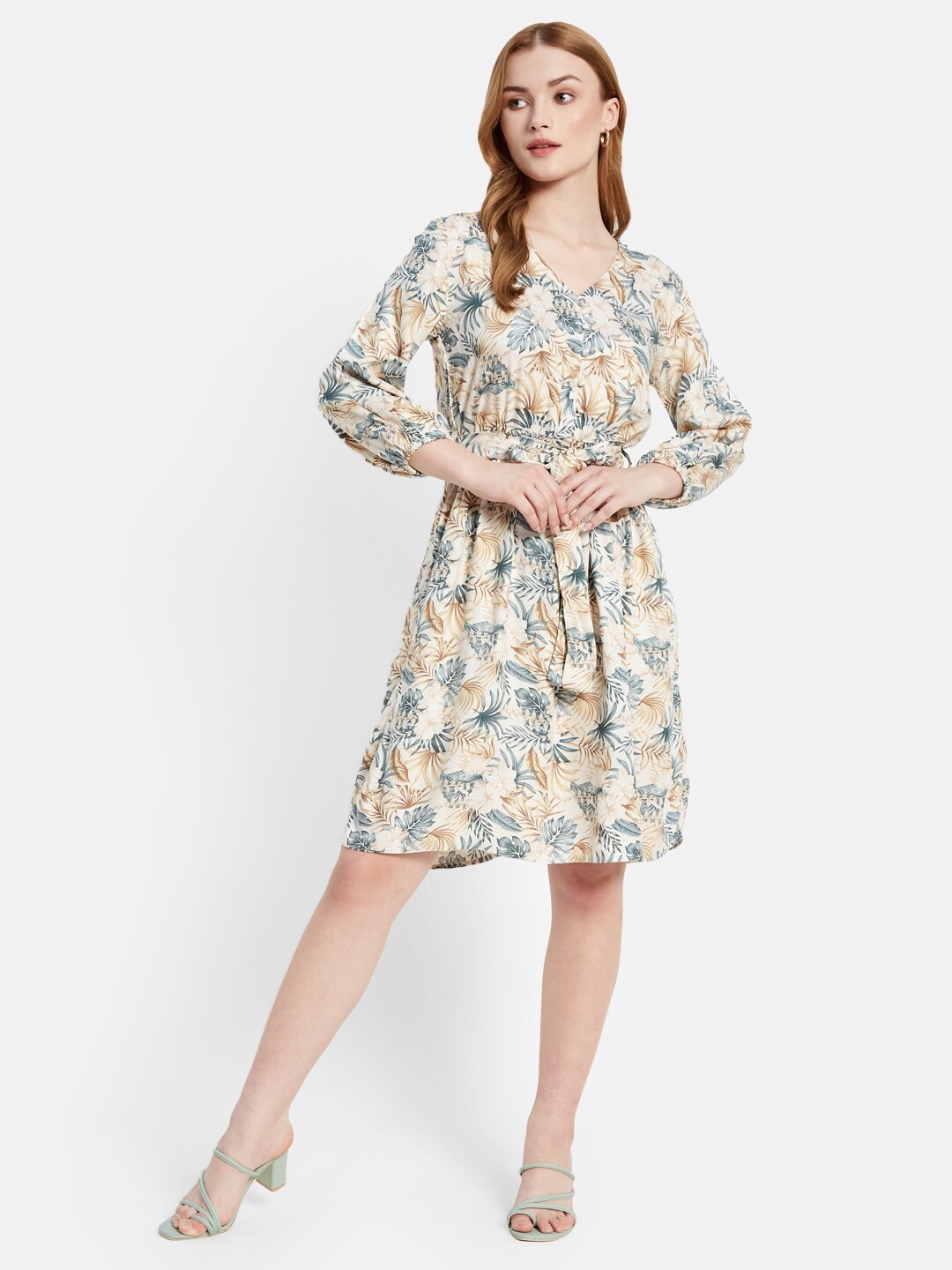 

METTLE Floral Printed V-Neck Puff Sleeves Cotton A-Line Dress, Cream