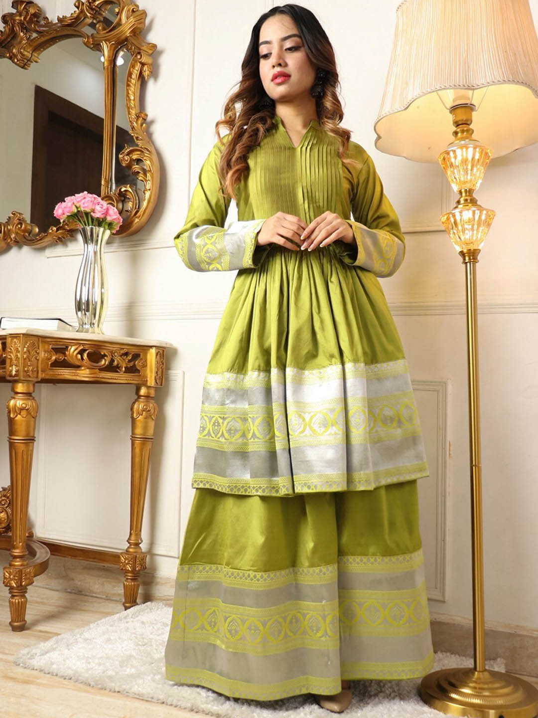 

Vidraa Western Store Mandarin collar Anarkali Kurti with Sharara, Lime green