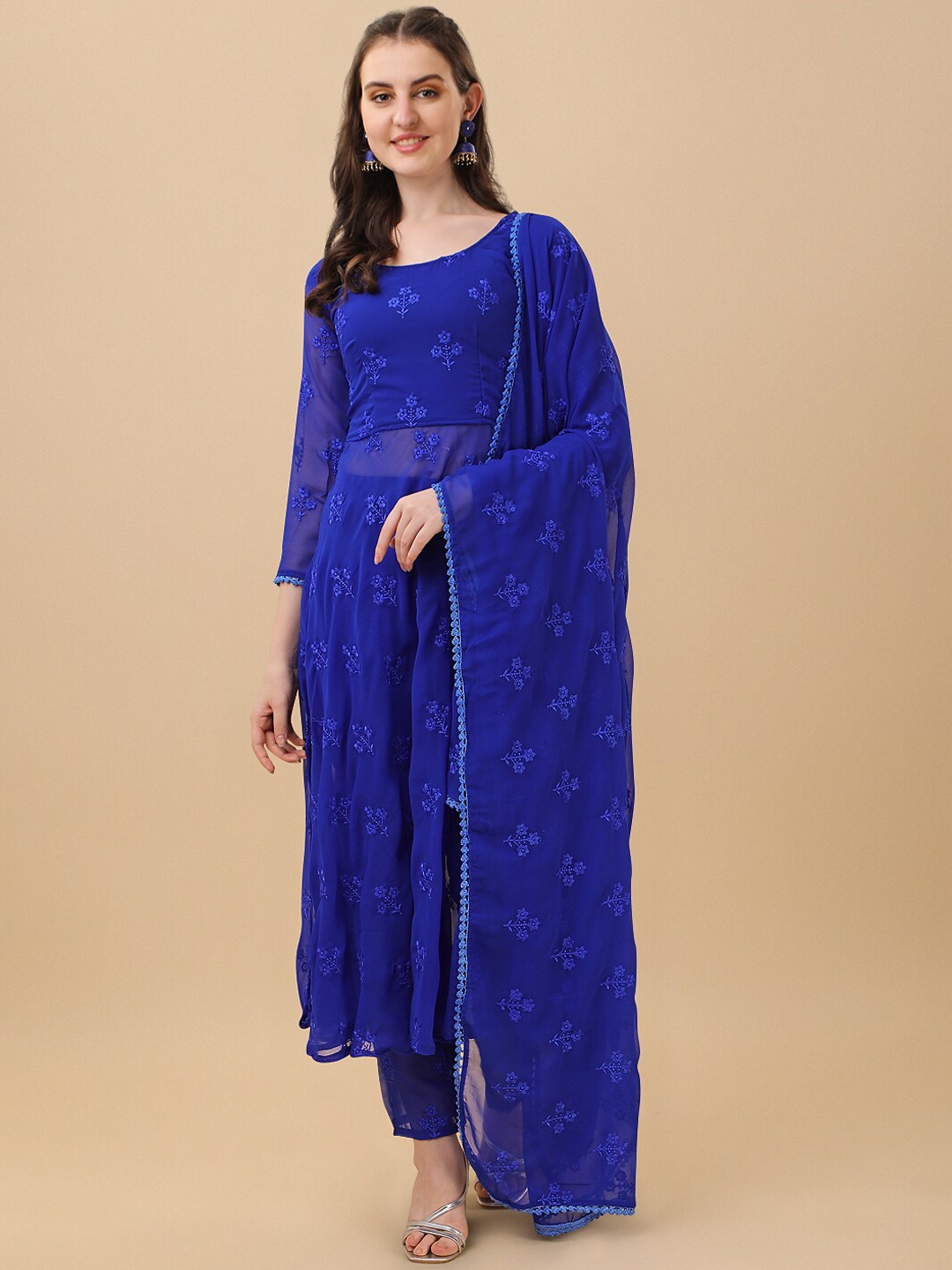 

Vidraa Western Store Floral Embroidered Kurta & Trousers With Dupatta, Blue