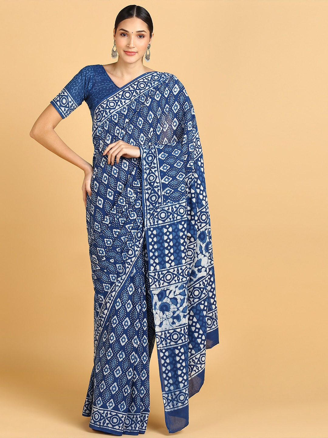 

BLOCKS OF INDIA Floral Pure Cotton Block Print Saree, Blue