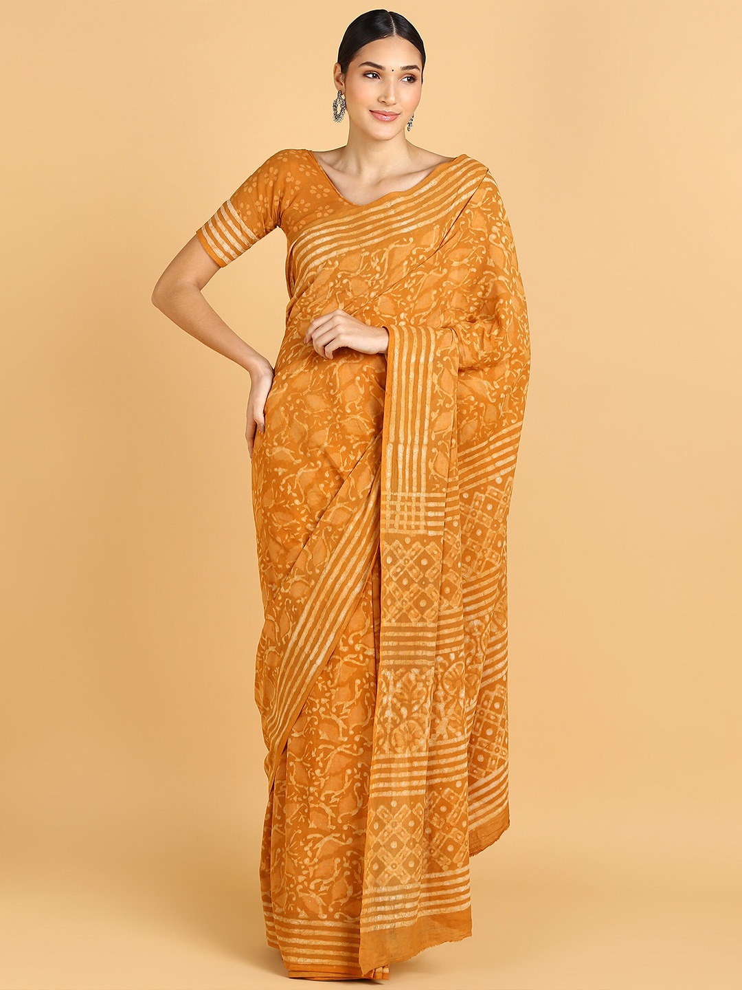 

BLOCKS OF INDIA Batik Printed Pure Cotton Block Print Saree, Yellow
