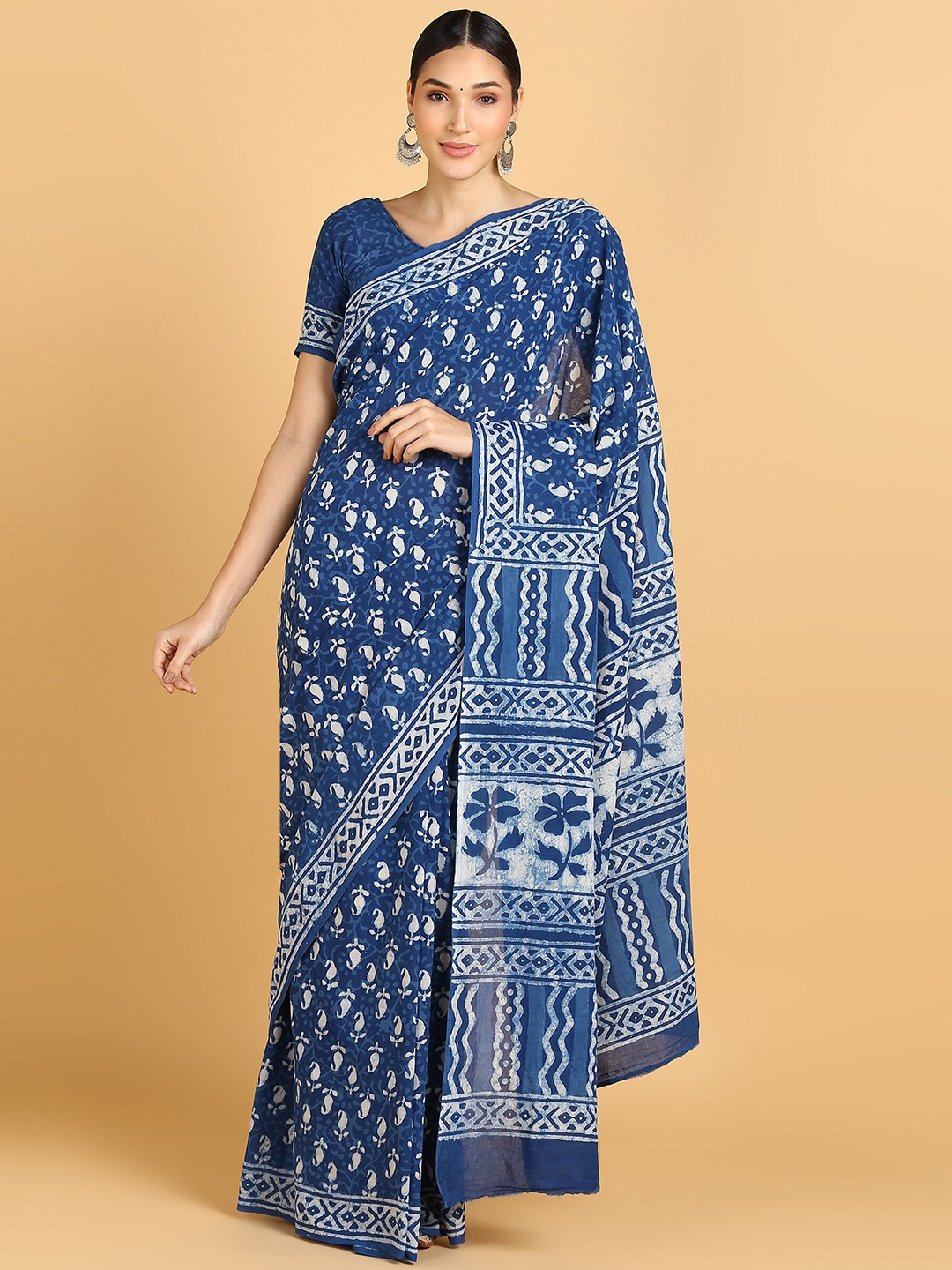 

BLOCKS OF INDIA Floral Pure Cotton Block Print Saree, Blue