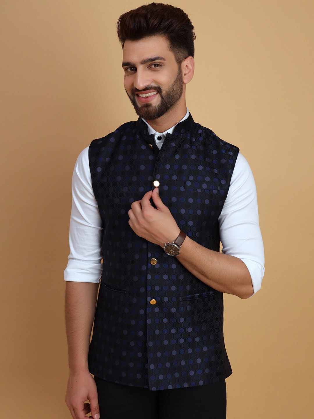 

Vandnam Fabrics Slim fit Geometric Woven Design Nehru Jackets, Blue