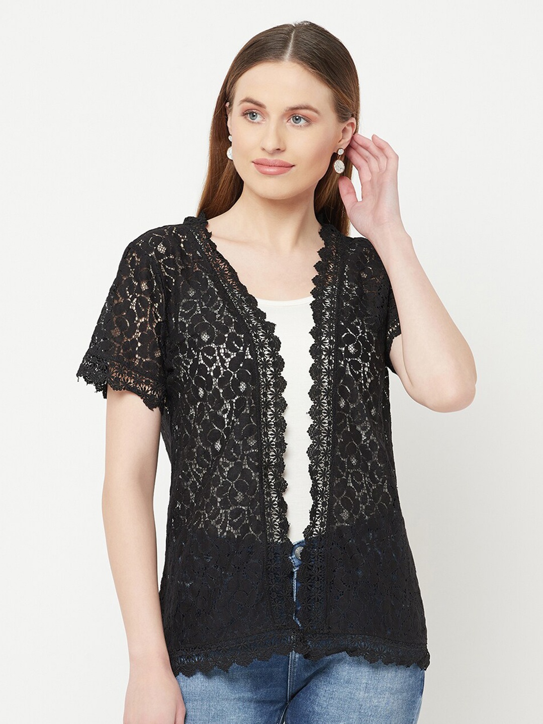 

Espresso Self Design Open Front Shrug, Black