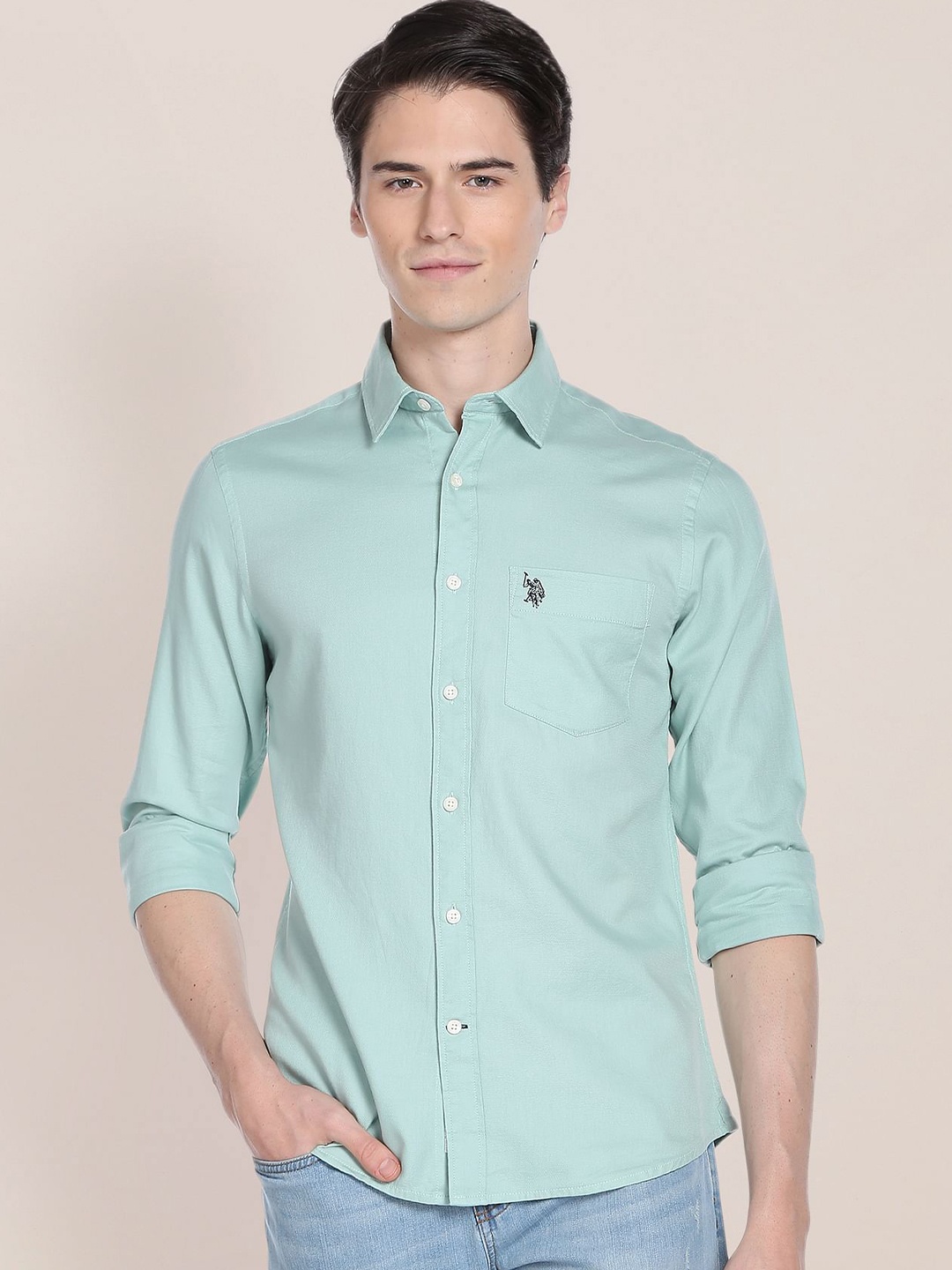 

U.S. Polo Assn. Men Textured Comfort Cotton Casual Shirt, Green