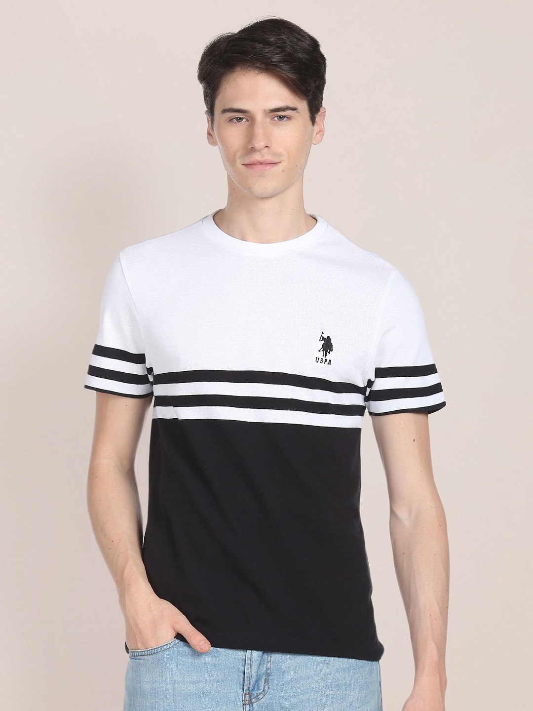

U.S. Polo Assn. Colourblocked Pure Cotton T-shirt, White