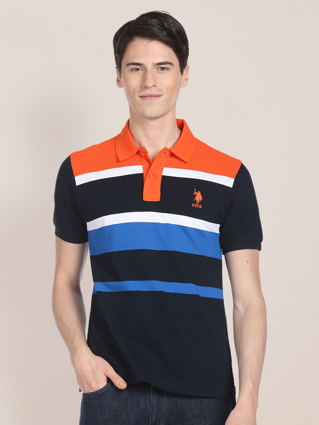 

U.S. Polo Assn. Stripes Polo Collar Pure Cotton Slim Fit T-shirt, Black