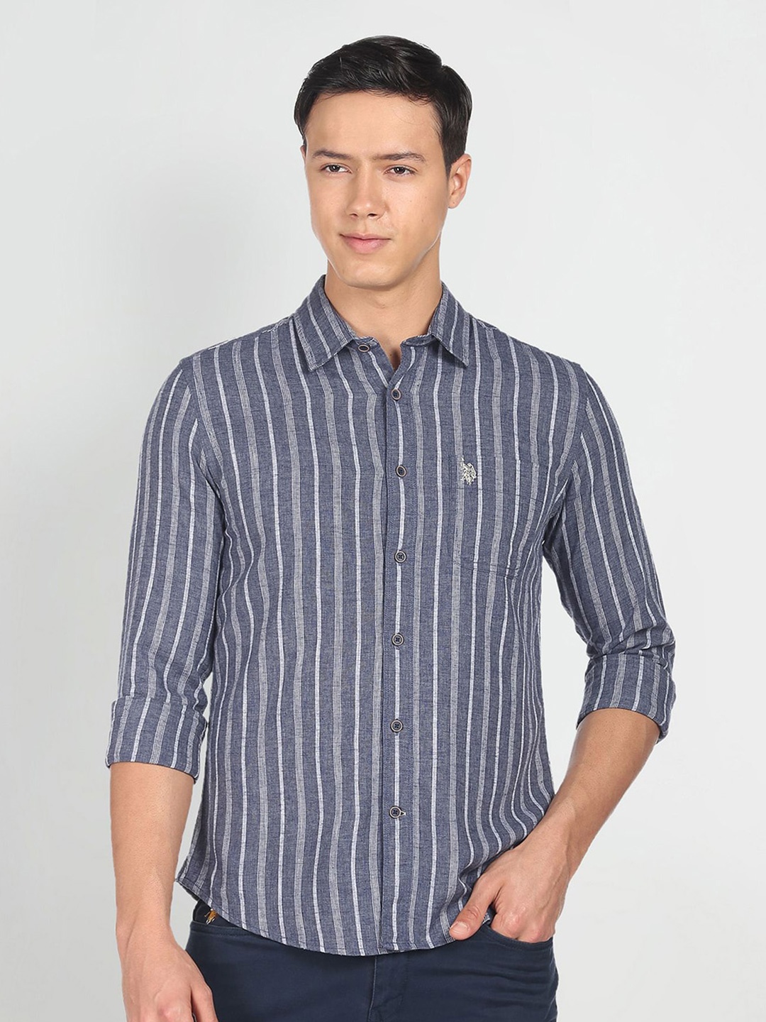 

U.S. Polo Assn. Denim Co. Men Striped Slim Fit Comfort Casual Shirt, Blue