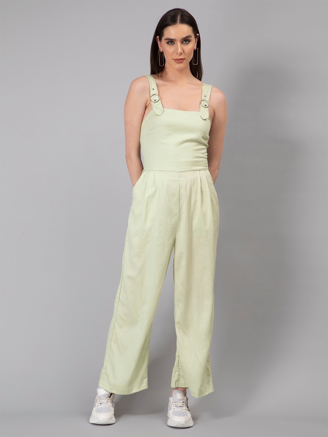 

NUEVOSDAMAS Shoulder Straps Smocked Basic Jumpsuit, Green