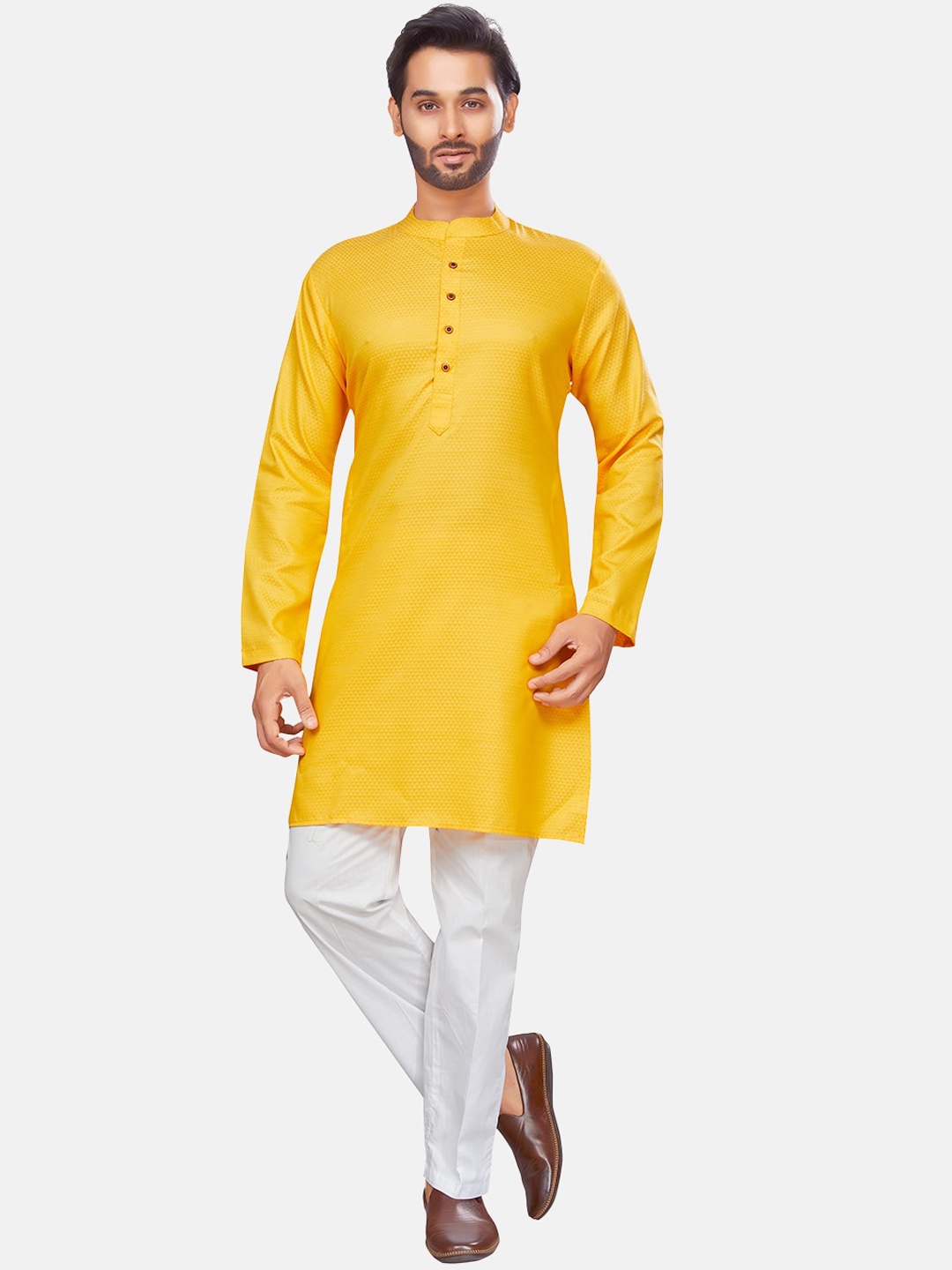 

Studio Shringaar Woven Mandarin Collar Straight Kurta, Yellow