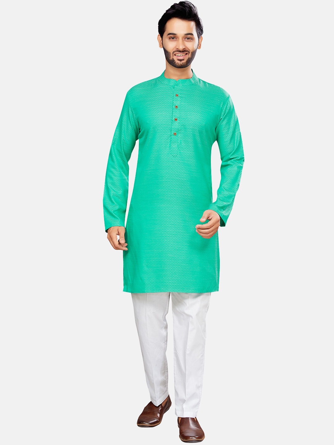 

Studio Shringaar Woven Design Mandarin Collar Straight Kurta, Green