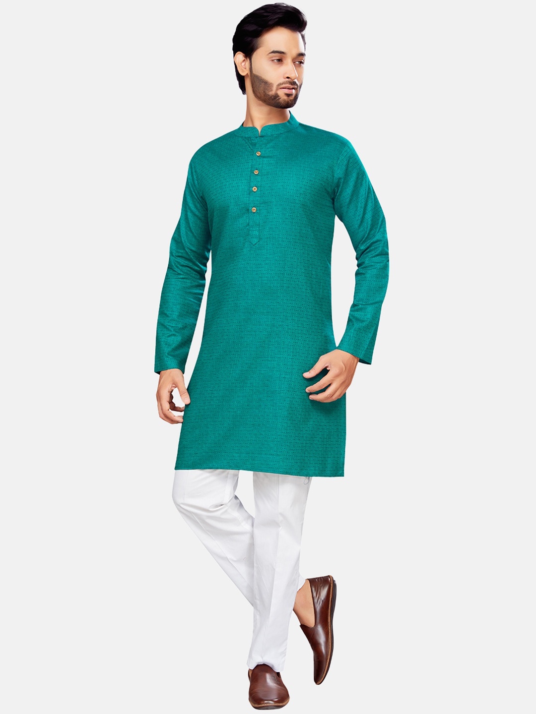 

Studio Shringaar Woven Design Mandarin Collar Straight Kurta, Turquoise blue