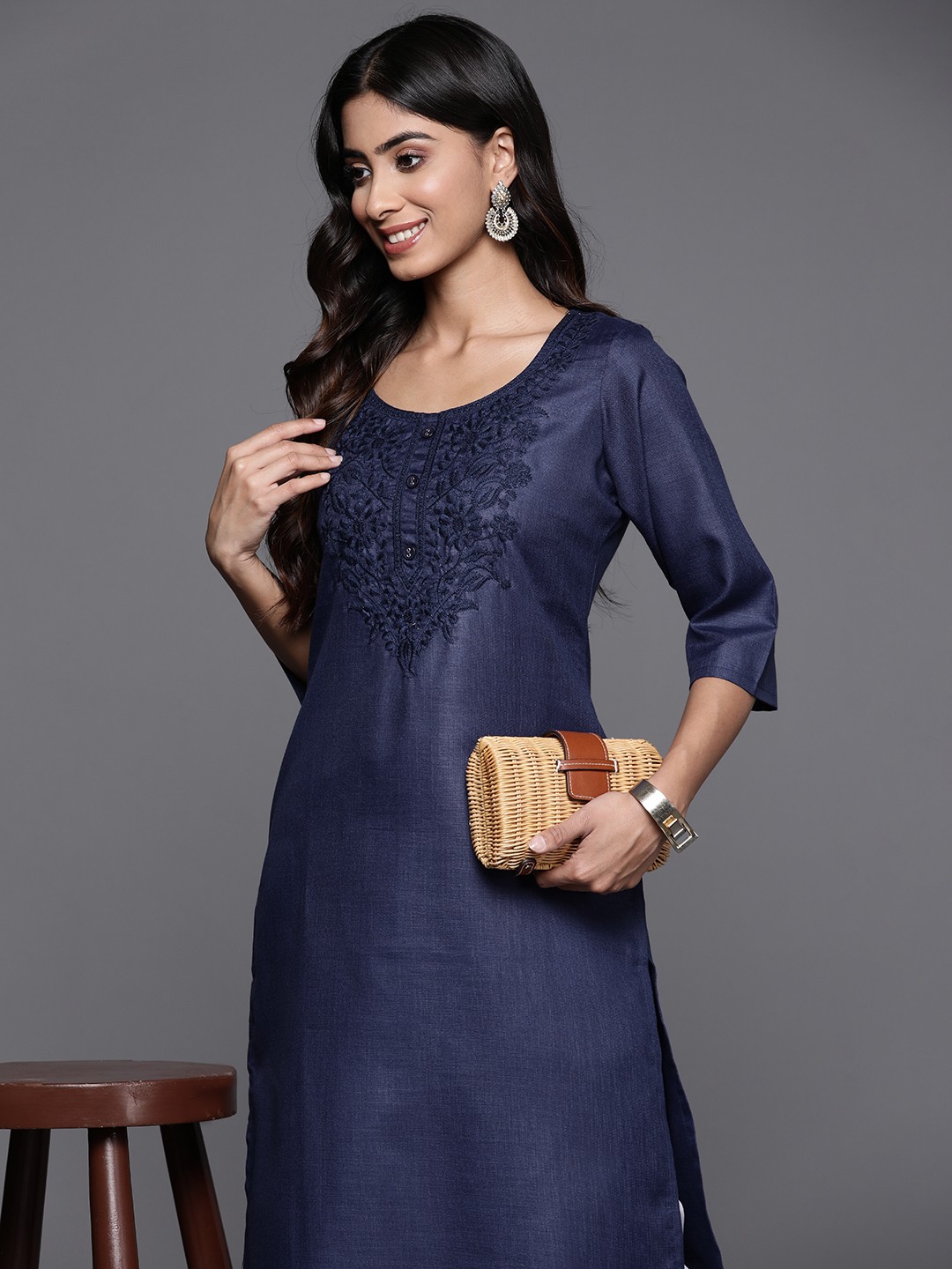 

Libas Floral Yoke Design Thread Work Kurta, Navy blue