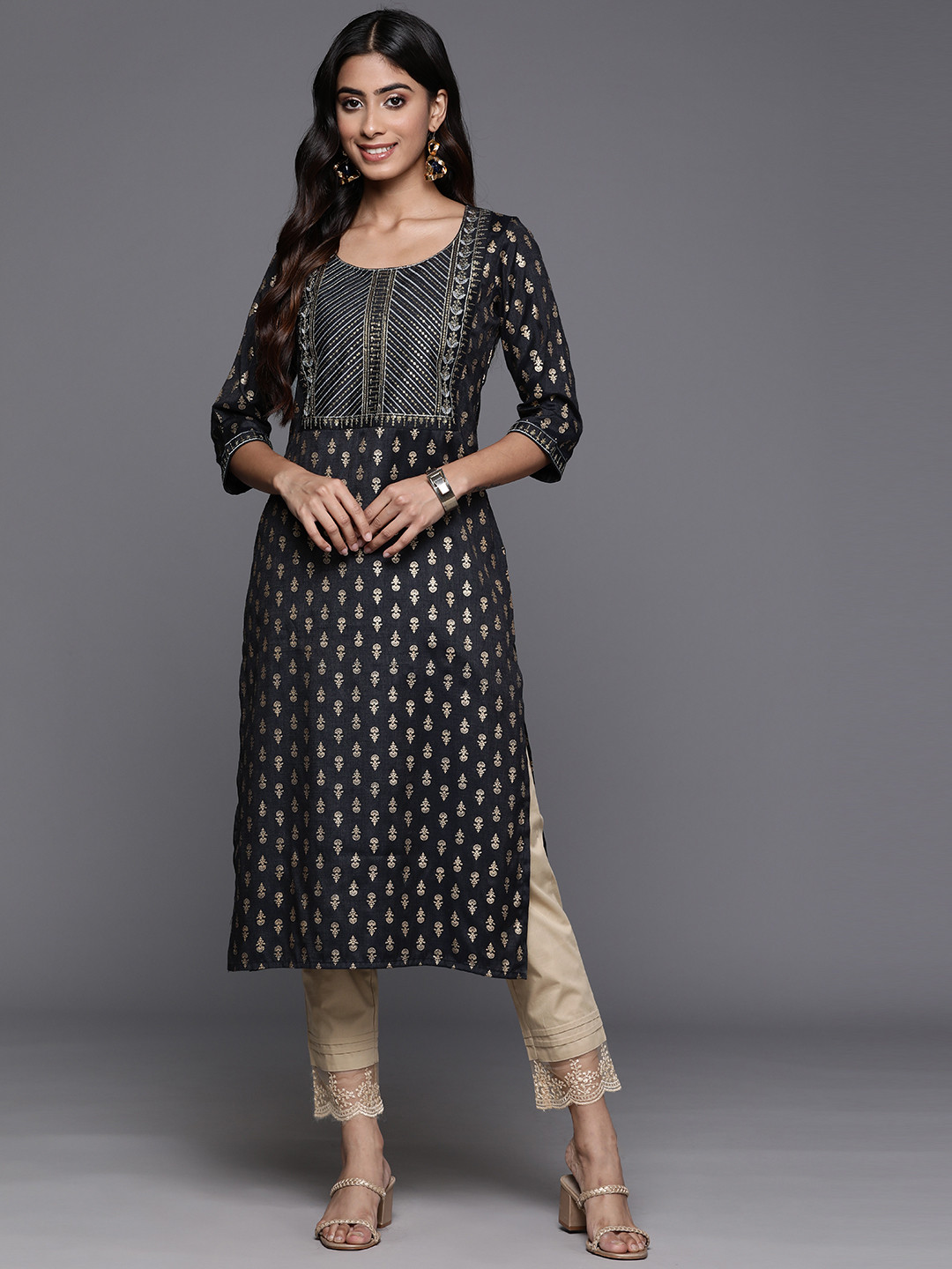 

Libas Ethnic Motifs Printed Sequinned Kurta, Charcoal